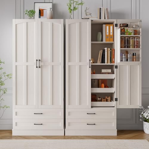 71-Tall-Farmhouse-Kitchen-Pantry-Cabinet-with-3-Pull-Out-Shelves-2-Large-Drawers-Pantry-Storage-Cabinet-with-6-Door-Shelves-Adjustable-Shelf-Freestanding-Pantry-for-Kitchen-Dining-Room 71 Tall Farmhouse Kitchen Pantry Cabinet with 3 Pull Out Shelves 2 Large Drawers Pantry Storage Cabinet with 6 Door Shelves Adjustable Shelf Freestanding Pantry for Kitchen Dining Room