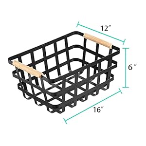 2 Pack X Large Wire Metal Baskets Thick functional Storage Organizer Farmhouse fruit Bin with Wood Handles for Pantry Cabinets Rustic Kitchen Counter Closet Under Sink Entryway Black Upgraded