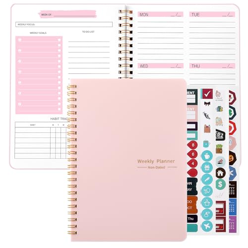 A5 Weekly Planner Notebook, Undated To Do List Notebook 52 weeks of Daily Planner tracking for Daily life, Work, Students (A5 Weekly Planner Pink)