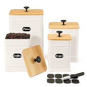 PERFNIQUE Kitchen Canisters Canister Sets for Kitchen Counter Farmhouse Kitchen Canisters for Countertop Set of 4 Coffee Tea Sugar Flour Spice Tin Jars Food Storage Container with LidWhite
