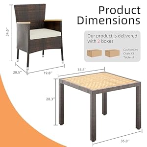   JAMFLY-5-Pieces-Outdoor-Patio-Dining-Set-Wicker-Patio-Furniture-Set-with-Wood-Table-and-4-Chairs-with-Soft-Cushions-for-Yard-Garden-Porch-and-Poolside-Brown