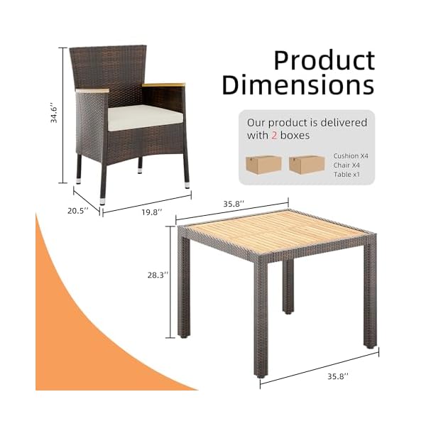   JAMFLY-5-Pieces-Outdoor-Patio-Dining-Set-Wicker-Patio-Furniture-Set-with-Wood-Table-and-4-Chairs-with-Soft-Cushions-for-Yard-Garden-Porch-and-Poolside-Brown