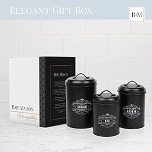   Baie-Maison-Large-Black-Kitchen-Canisters-Set-of-3-Farmhouse-Canister-Sets-for-Kitchen-Counter-Coffee-Tea-Sugar-Container-Set-Rustic-Kitchen-Canisters-for-Countertop-Metal-Kitchen-Decor-Jars