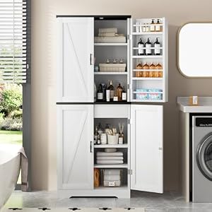Shintenchi Kitchen Pantry Cabinet Freestanding Farmhouse Storage Cabinet with 8 Door Shelves 2 Cabinets and 1 Drawer Tall Cupboard for Kitchen Living Room Dining Room and Bathroom White