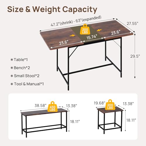 5-Piece-Dining-Table-Set-for-4-6-63-Extendable-Dining-Room-Table-with-2-Benches-2-Stools-Farmhouse-Kitchen-Table-and-Chairs-with-Metal-Frame-MDF-BoardSpace-Saving-Rustic-Brown 5 Piece Dining Table Set for 4 6 63 Extendable Dining Room Table with 2 Benches 2 Stools Farmhouse Kitchen Table and Chairs with Metal Frame MDF BoardSpace Saving Rustic Brown