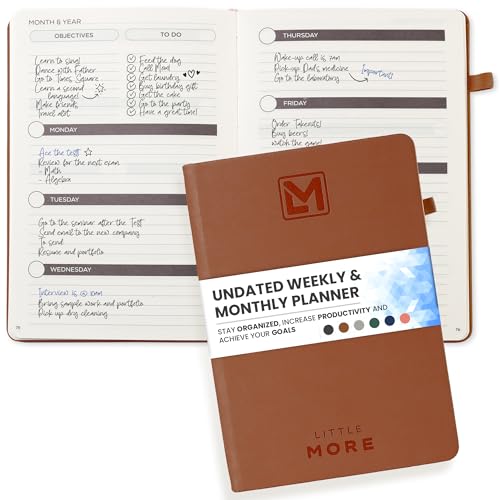 Little More Undated Weekly & Monthly Planner - Set Goals, Increase Productivity & Manage Time - Includes Planner Stickers - Undated Planner, Notebook & Agenda - A5 (5.8”x8.3") - Brown