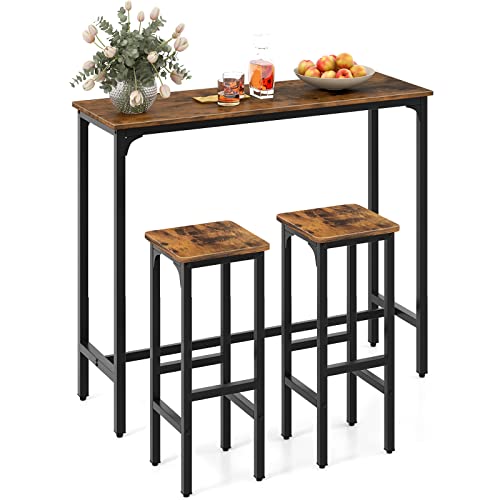 COSTWAY 3 Piece Industrial Bar Table Set for 2 Counter Height Pub Table with 2 Stools Kitchen Breakfast Table Set with Metal Frame Dining Table Set for Home Restaurant Rustic Brown
