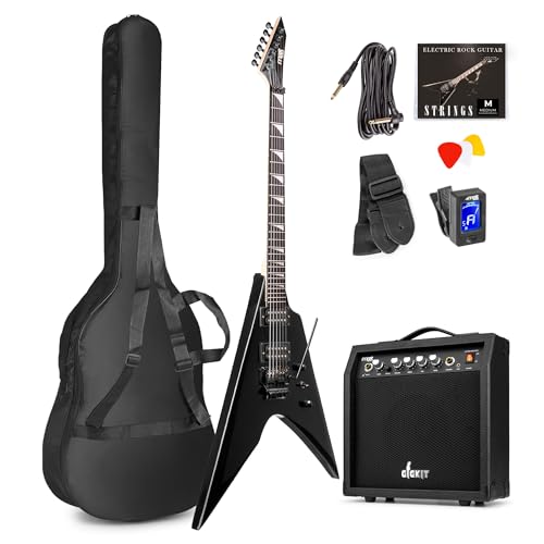 Max Pack Guitare Électrique Style V avec Ampli 40 Watts et Nombreux Accessoires, Housse, Accordeur, Cordes de rechange, Sangle, Câble 3m et Médiators, Kit Complet pour Bien Débuter – Noir - Les Beatles, Paul McCartney, John Lennon, RIngo Starr, George Harrison Max Pack Guitare Électrique Style V avec Ampli 40 Watts et Nombreux Accessoires, Housse, Accordeur, Cordes de rechange, Sangle, Câble 3m et Médiators, Kit Complet pour Bien Débuter - Noir