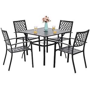 MFSTUDIO 5 Piece Black Metal Outdoor Patio Dining Bistro Set with 4 Armrest Chairs and Steel Frame Slat Larger Square Table 37 Table and 4 Backyard Garden Chairs Outdoor Furniture Set Black