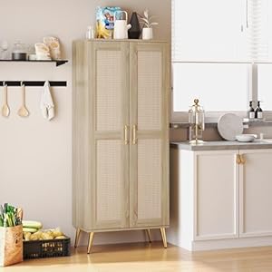 Storage Cabinet with Rattan Doors and Adjustable Shelves Bathroom Floor Cabinet 57.48" H Boho Kitchen Pantry for Farmhouse Living Room Entryway Natural Storage Cabinet with Rattan Doors and Adjustable Shelves Bathroom Floor Cabinet 5748 H Boho Kitchen Pantry for Farmhouse Living Room Entryway Natural
