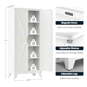   71-Tall-Metal-Storage-Cabinet-with-2-Doors-and-4-Adjustable-Shelves-5-Tier-Kitchen-Pantry-Storage-Cabinet-for-Kitchen-Living-Room-Dining-Room-and-Office-White