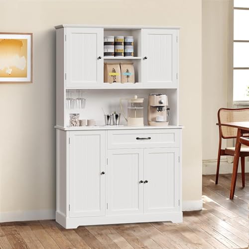 Gizoon-67-Kitchen-Pantry-Cabinet-with-Microwave-Shelf-Tall-Coffee-Bar-Cabinet-with-Doors-and-Shelves-Farmhouse-Kitchen-Hutch-Cabinet-with-Storage-for-Kitchen-Bathroom-and-Living-Room-White Gizoon 67 Kitchen Pantry Cabinet with Microwave Shelf Tall Coffee Bar Cabinet with Doors and Shelves Farmhouse Kitchen Hutch Cabinet with Storage for Kitchen Bathroom and Living Room White