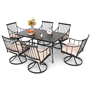   PHI-VILLA-Outdoor-Patio-Dining-Set-of-7-Metal-Furniture-Set-6-Swivel-Chairs-Blue-Cusiton-with-1-Rectangular-Umbrella-Table-for-Patio-Lawn-Garden