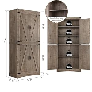 71 Tall Kitchen PantryFarmhouse Storage Cabinet with Adjustable ShelvesLoad Bearing Steel PipeFarmhouse Pantry Cabinet with 4 Barn Doorsfor KitchenDining RoomLiving RoomLight Rustic Oak