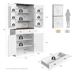 71 Tall Farmhouse Kitchen Pantry with 6 Door Shelves Drawer Wood Pantry Storage Cabinet with 2 Adjustable Shelves 4 Barn Doors Freestanding Cupboard for Kitchen Dining Room White