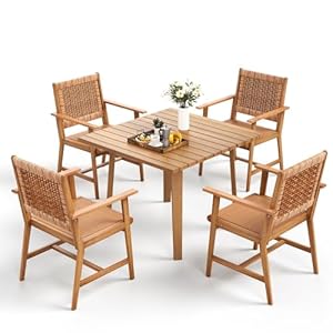 MFSTUDIO 5 Pieces Wood Patio Dining Set Outdoor Teak Patio Table Chairs Set for 4 Square Acacia Wood Patio Table 4 x Acacia Wood Patio Chairs with Woven Rattan Design for Garden Backyard