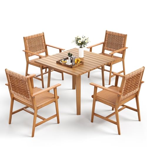 MFSTUDIO 5 Pieces Wood Patio Dining Set Outdoor Teak Patio Table Chairs Set for 4 Square Acacia Wood Patio Table 4 x Acacia Wood Patio Chairs with Woven Rattan Design for Garden Backyard