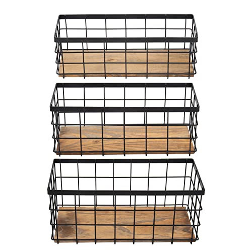 TIEYIPIN Farmhouse Decor Metal Wire Storage Baskets Wood Base Containers Organizing Basket Caddy Bin for Kitchen Cabinets Bathroom Pantry Garage Laundry Room Closets Small Black Set of 3