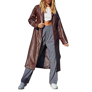 chouyatou Women’s Casual Lapel Open Front Pu Faux Leather Long Trench Coat with Belt