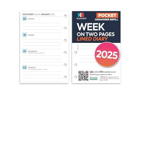 NBplanner 2025 Pocket size Week on Two Pages lined diary refill insert Filofax pocket COMPATIBLE | Monthly, weekly | English (2025)