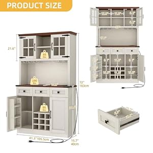 DWVO Coffee Bar Cabinet with Power OutletLights 72 Farmhouse Pantry Cabinet with Storage Shelves and 3 Drawers Tall Liquor Cabinet Bar Cabinets for HomeLiving Room Antique White