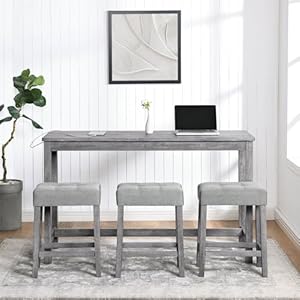 60 Industrial Grey Solid Wood Bar Table Set with Power Outlet and 3 Grey Chairs for Living Room Dining Room Game Room