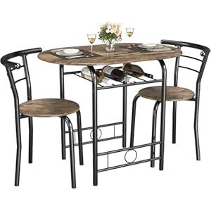 JUMMICO 3-Piece Wooden Round Table & Chair Set, Space Saving Kitchen Breakfast Nook Wood Grain Tabletop with Metal Frame and Built-in Wine Rack for Kitchen, Dining Room (Walnut/Black) JUMMICO 3 Piece Wooden Round Table Chair Set Space Saving Kitchen Breakfast Nook Wood Grain Tabletop with Metal Frame and Built in Wine Rack for Kitchen Dining Room WalnutBlack