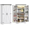 HOMCOM 47 LED Kitchen Pantry Cabinet Farmhouse Storage Cabinet with 5 Deep Shelves and 12 Door Shelves Freestanding Food Pantry with Barn Door White
