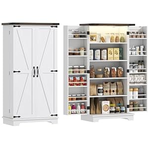 HOMCOM 47" LED Kitchen Pantry Cabinet, Farmhouse Storage Cabinet with 5 Deep Shelves and 12 Door Shelves, Freestanding Food Pantry with Barn Door, White HOMCOM 47 LED Kitchen Pantry Cabinet Farmhouse Storage Cabinet with 5 Deep Shelves and 12 Door Shelves Freestanding Food Pantry with Barn Door White