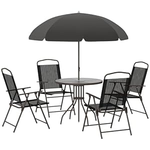 Outsunny 6 Piece Patio Dining Set for 4 with Umbrella Outdoor Table and Chairs with 4 Folding Dining Chairs Round Glass Table for Garden Backyard and Poolside Black