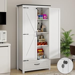 Kitchen Pantry Cabinet 71 Tall Farmhouse Kitchen Storage Cabinet with 2 Barn Doors Lock Versatile Food Pantry Cabinet with Adjustable Shelves and Drawer for Dining Room Kitchen White