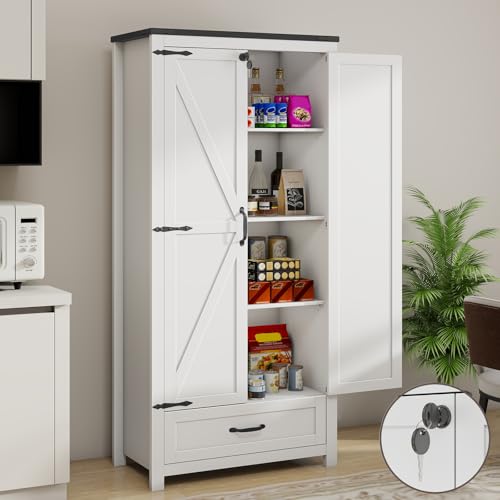Kitchen Pantry Cabinet 71 Tall Farmhouse Kitchen Storage Cabinet with 2 Barn Doors Lock Versatile Food Pantry Cabinet with Adjustable Shelves and Drawer for Dining Room Kitchen White