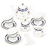 fanquare Bone China Tea Sets for Adults 21 Piece Blue and Roses Porcelain Tea Service with Sugar Bowl Creamer English Cremic Floral Tea Cups Set of 6 for Women Tea Party