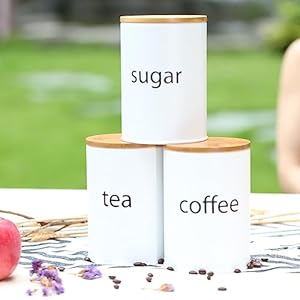   SOTECH-3Pcs-White-Metal-Canisters-Sugar-Coffee-Tea-Storage-Jars-for-Kitchen-Countertop-Round-with-Bamboo-Lid-Farmhouse-Country-Kitchen-Decor
