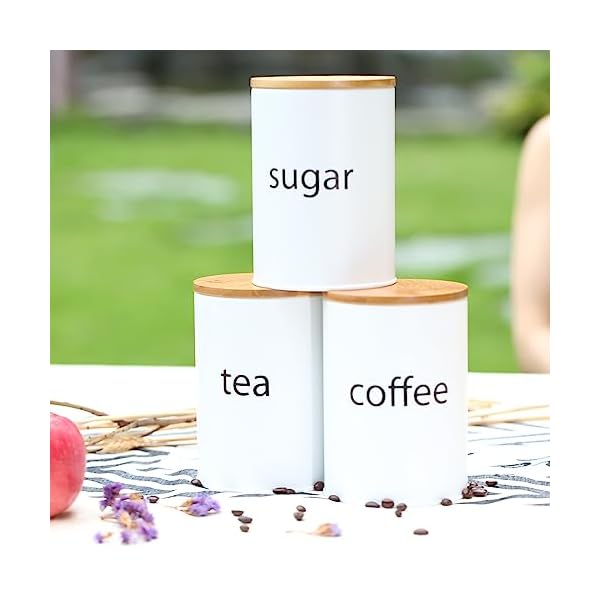   SOTECH-3Pcs-White-Metal-Canisters-Sugar-Coffee-Tea-Storage-Jars-for-Kitchen-Countertop-Round-with-Bamboo-Lid-Farmhouse-Country-Kitchen-Decor