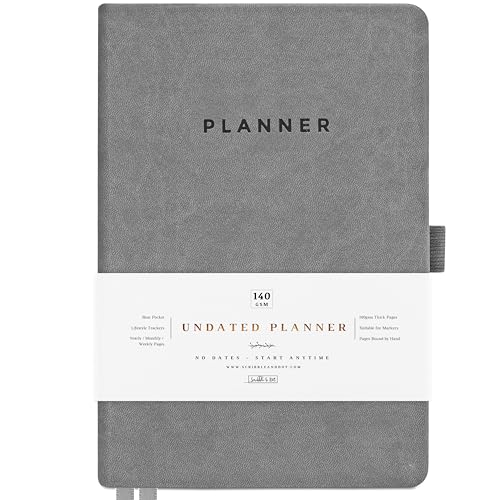 Scribble & Dot® Planner - Undated Weekly Planner A5 | NO Dates Start Anytime | A5 Premium Cover Planner with Trackers, Notes & More for Busy Schedules - (Signature Grey)