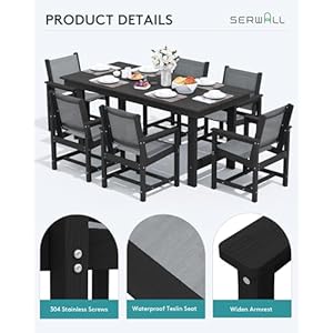 Serwall7pieceoutdoordiningtablesetsfor6with1umbrellaholecutoutrectangulartableand6textilenechairshdpediningtablesetsforgardenbackyardpoolsideblack  Urban Country Home Decor Serwall 7 piece outdoor dining table sets for 6 with 1 umbrella hole cut out rectangular table and 6 textilene chairs hdpe dining table sets for garden backyard poolside black  urban country home decor