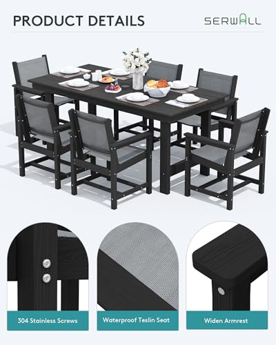 Serwall7pieceoutdoordiningtablesetsfor6with1umbrellaholecutoutrectangulartableand6textilenechairshdpediningtablesetsforgardenbackyardpoolsideblack  Urban Country Home Decor Serwall 7 piece outdoor dining table sets for 6 with 1 umbrella hole cut out rectangular table and 6 textilene chairs hdpe dining table sets for garden backyard poolside black  urban country home decor