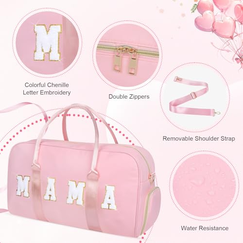 Mama Hospital Bag for Women Labor and Delivery Nylon Chenille Letter Embroidered Duffle Overnight Weekender Bag with Shoes Compartment and Mothers Day Gifts Pink - Image 6