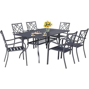 Incbruce 7 Pcs Outdoor Dining Set Wrought Iron Patio Dining Set Dining Furniture Set 6 Dining Chair and 1 Rectangular Table with 157 Umbrella Hole for GardenBackyardMetal Tabletop