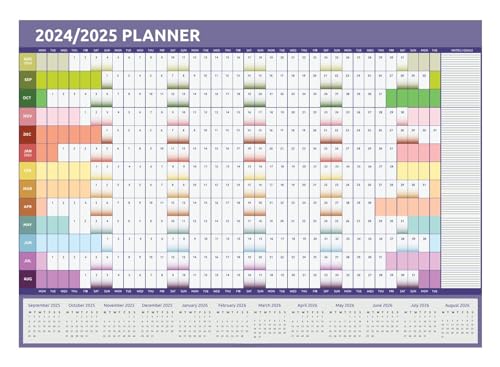 2024 2025 Wall Planner Calendar A1 Size (84cm x 59cm) Academic Mid Year View Runs from August to August (Rainbow)