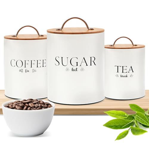DLifeful Tea Coffee Sugar Canister Set 3pc Airtight Canister Sets for Kitchen Counter Farmhouse Containers for the Kitchen Decorative Countertop storage with Airtight Lid for Freshness White