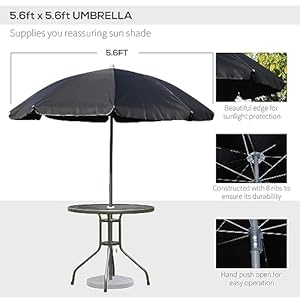 Outsunny 6 Piece Patio Dining Set for 4 with Umbrella Outdoor Table and Chairs with 4 Folding Dining Chairs Round Glass Table for Garden Backyard and Poolside Black