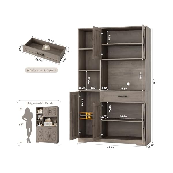   HOSTACK-71-Tall-Kitchen-Pantry-Storage-Cabinet-Farmhouse-Food-Pantry-Cabinet-with-Microwave-Stand-Barn-Doors-Kitchen-Hutch-Cabinet-with-Large-Drawer-and-Shelves-for-Dining-Room-Ash-Grey