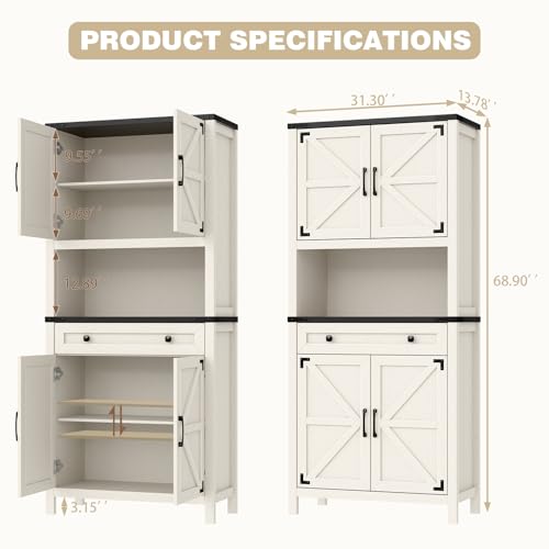 69-Farmhouse-Storage-Cabinet-with-Drawer-6-Tier-Tall-Kitchen-Pantry-Cabinet-Large-Wood-Storage-Cabinet-with-4-Barn-Doors-and-Adjustable-Shelves-Cabinet-with-Storage-for-Living-Room-KitchenBlack 69 Farmhouse Storage Cabinet with Drawer 6 Tier Tall Kitchen Pantry Cabinet Large Wood Storage Cabinet with 4 Barn Doors and Adjustable Shelves Cabinet with Storage for Living Room KitchenBlack