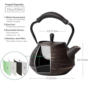   Cast-Iron-Teapot-Stovetop-Safe-Vintage-Tea-Kettle-with-Infuser-for-Loose-Leaf-Coffee-Japanese-Tea-Pot-Coated-with-Enameled-Interior-Silicone-Handle-22oz-650ml-Black