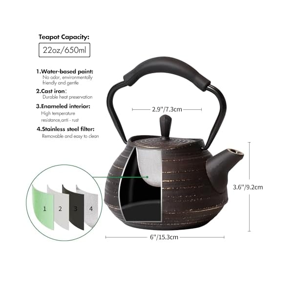   Cast-Iron-Teapot-Stovetop-Safe-Vintage-Tea-Kettle-with-Infuser-for-Loose-Leaf-Coffee-Japanese-Tea-Pot-Coated-with-Enameled-Interior-Silicone-Handle-22oz-650ml-Black