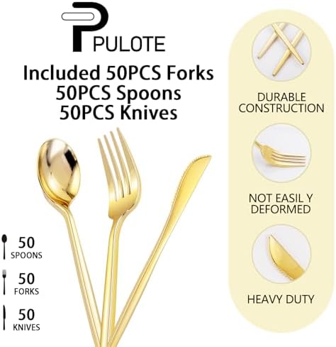 PULOTE 150PCS Golden Plastic Silverware Set - Durable Elegant Perfect for Parties