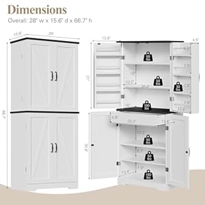 Vongrasig Kitchen Pantry Storage Cabinet with Barn Doors Drawer and Adjustable Shelves 6 Tier Tall Rustic Wood Cupboard Locker for Kitchen Dining Room Living Room Bathroom White