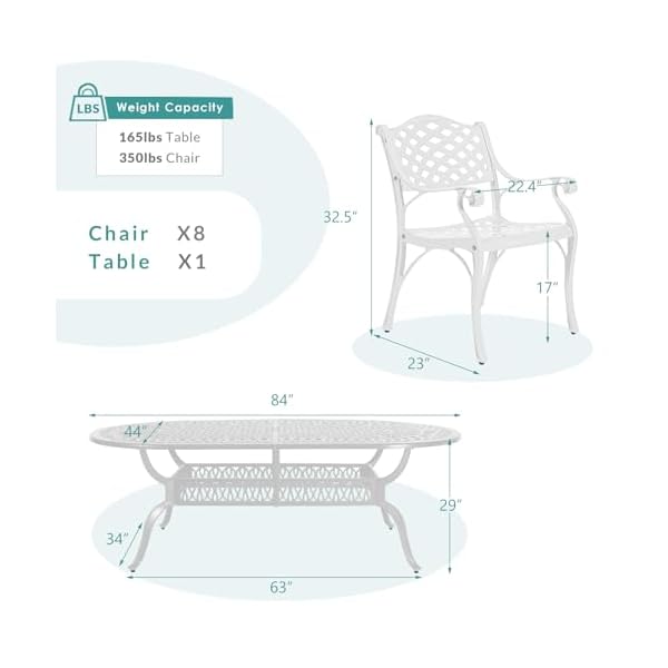   MEETWARM-9-Piece-Outdoor-Patio-Dining-Set-8-Outdoor-Dining-Chairs-and-1-Oval-Table-with-2-Umbrella-Hole-All-Weather-Cast-Aluminum-Patio-Funiture-Set-for-Backyard-Garden-PatioWhite